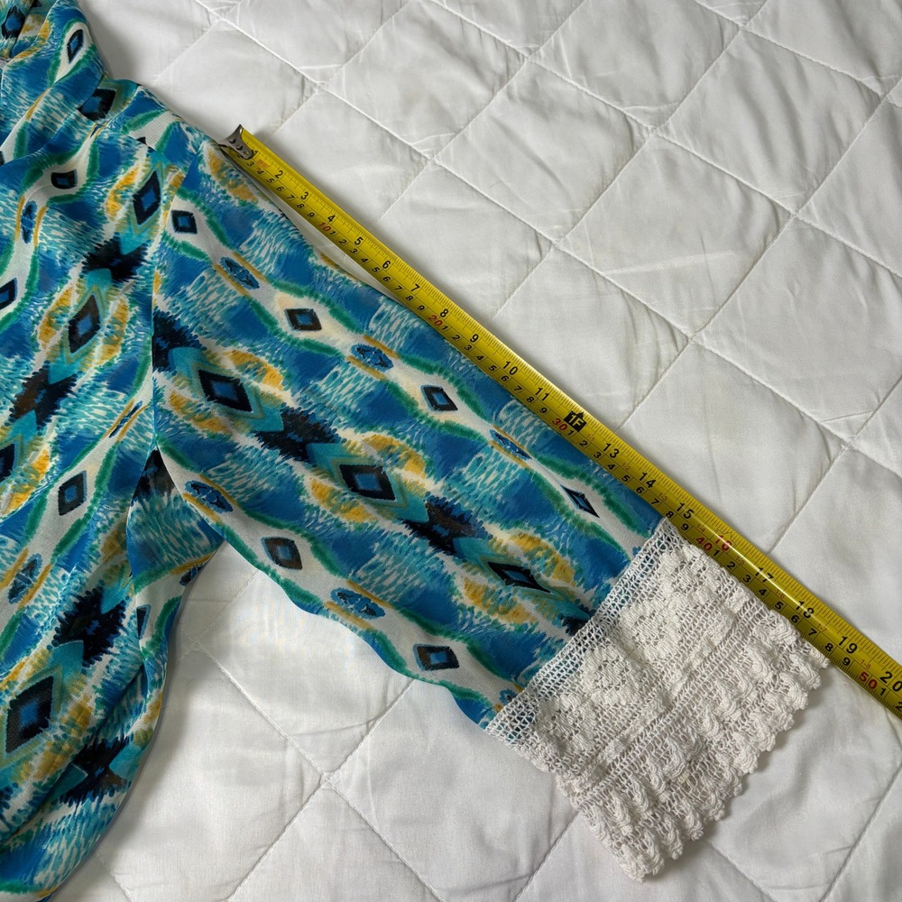 J Lee Blue Southwestern Aztec Print Kimono‎ Cardigan Lace Sleeve Boho XL - Picture 11 of 11